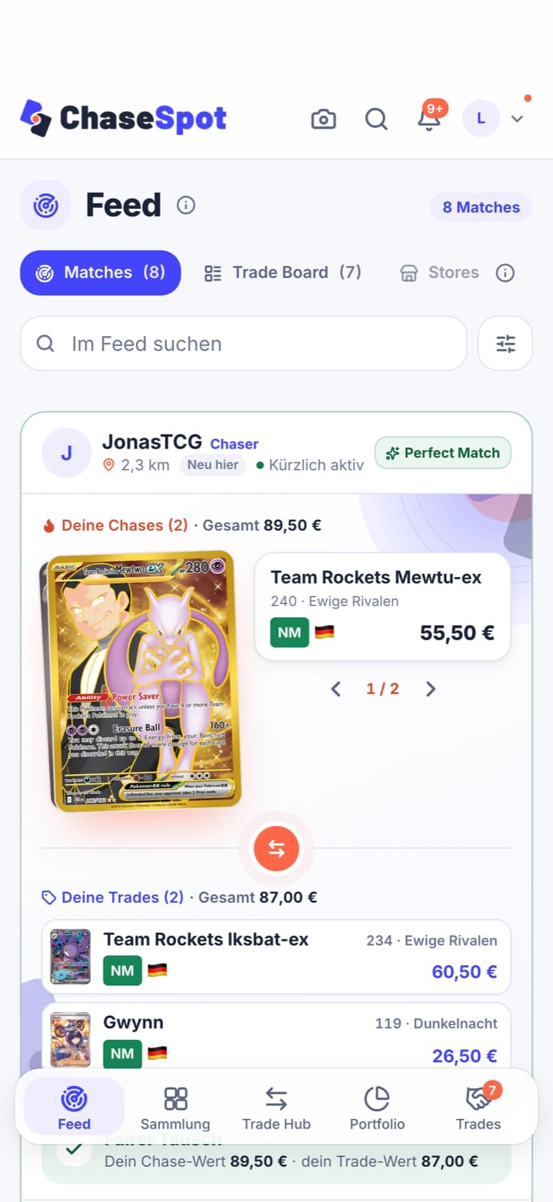 ChaseSpot on an iPhone: the feed with eight matches and a perfect match.